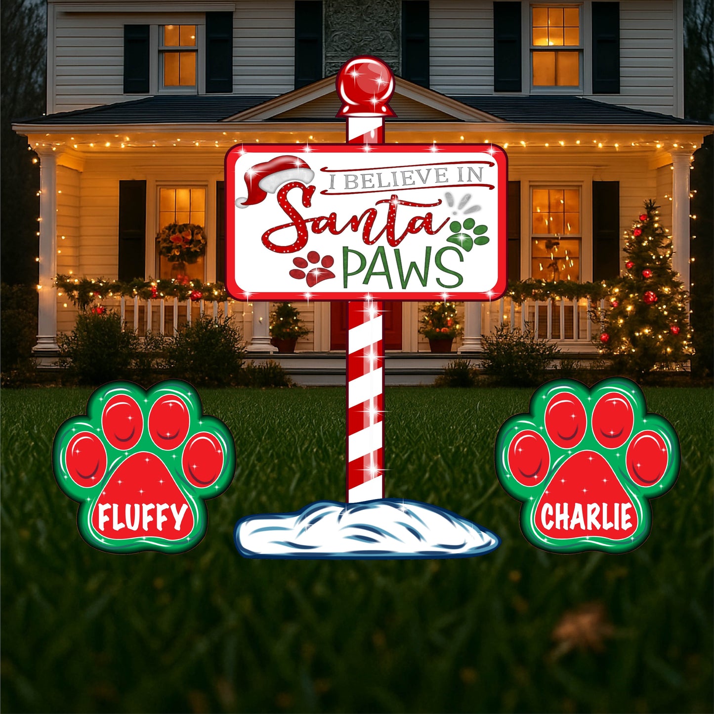 I Believe in Santa Paws Christmas Pole Sign with Pet Paw Signs