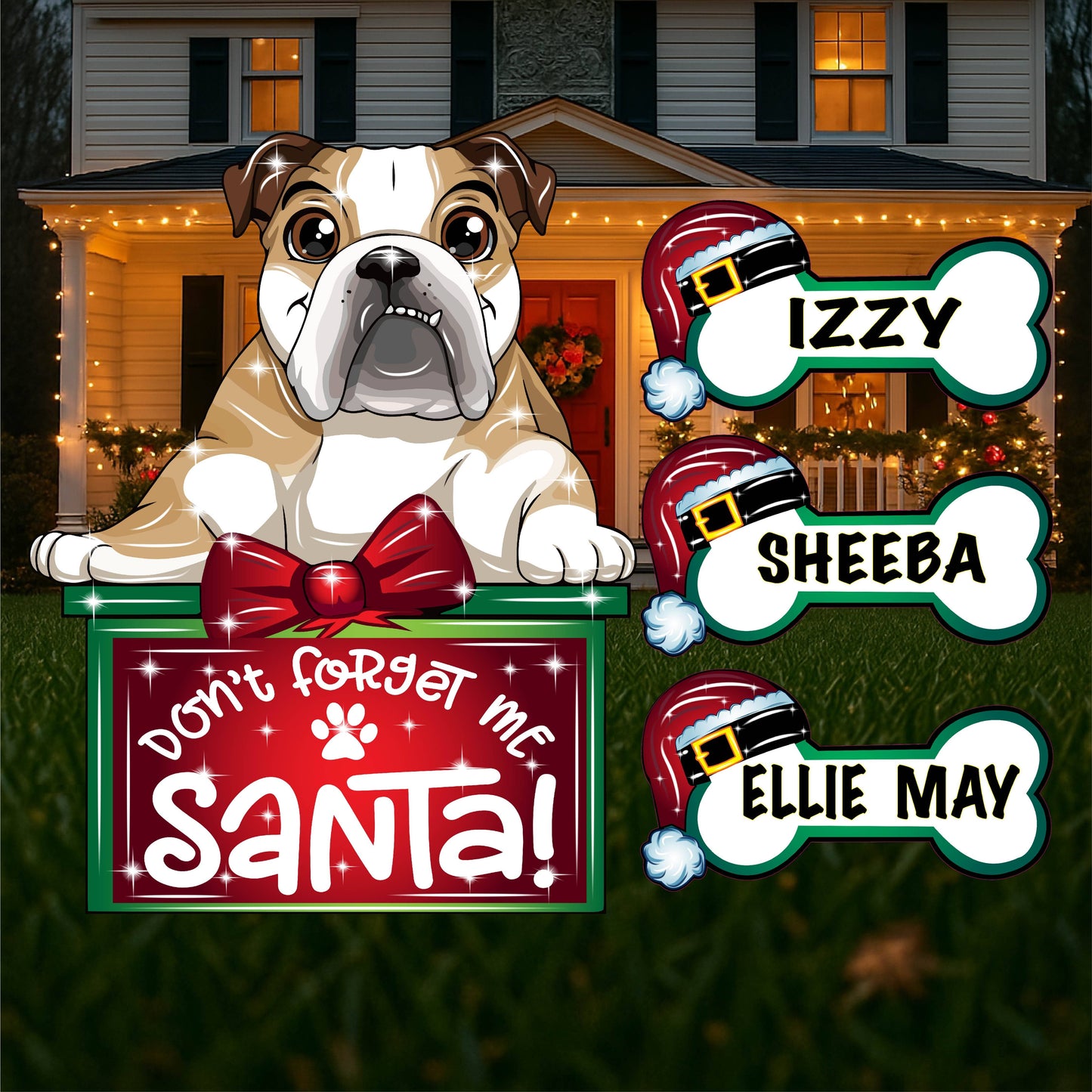 Bull Dog stands on a Christmas Present