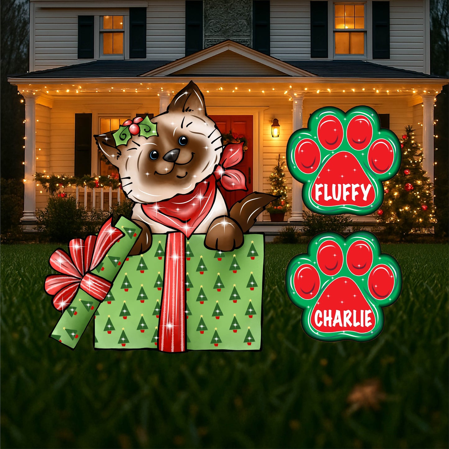 Kitty Cat In Green Gift Box Christmas Outdoor Decoration