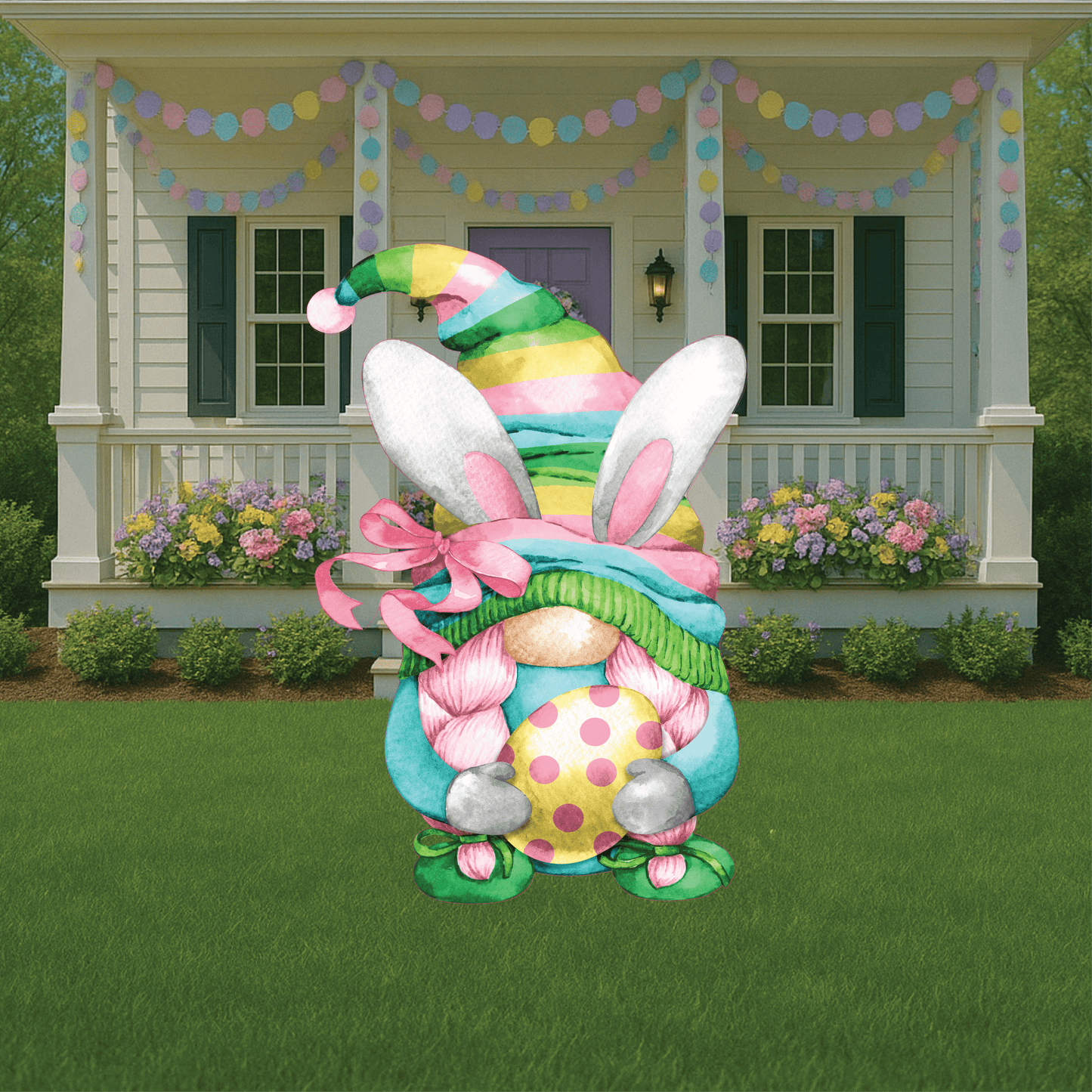 Easter Gnome holds Yellow Egg with Bunny Ears Outdoor Decoration