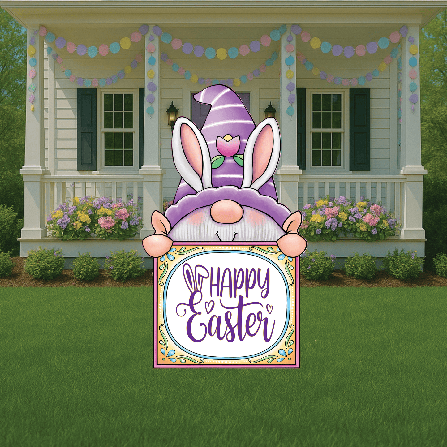 Easter Gnome peeks over Happy Easter Sign Outdoor Decoration