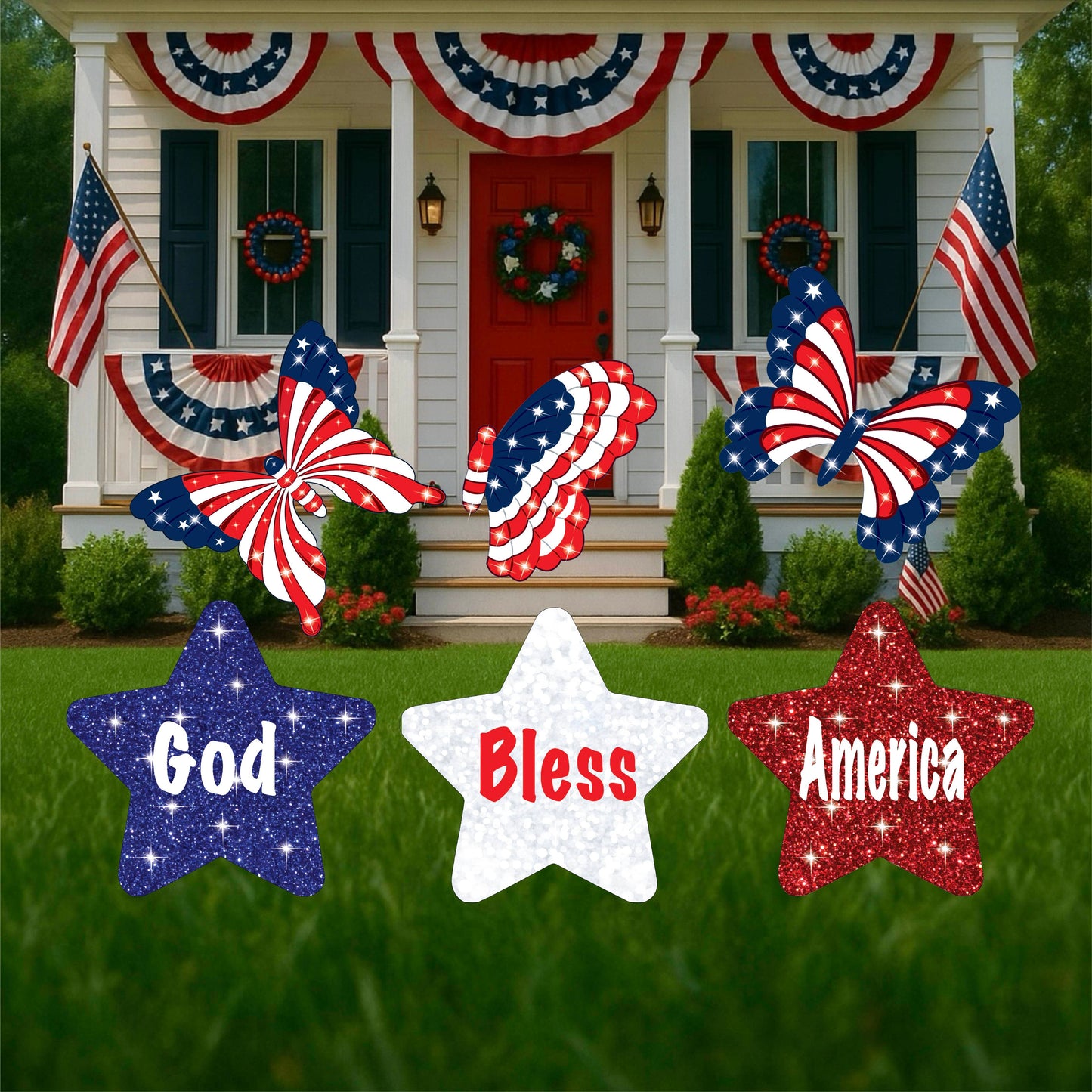 God Bless America Stars with Patriotic Butterfly shaped yard signs