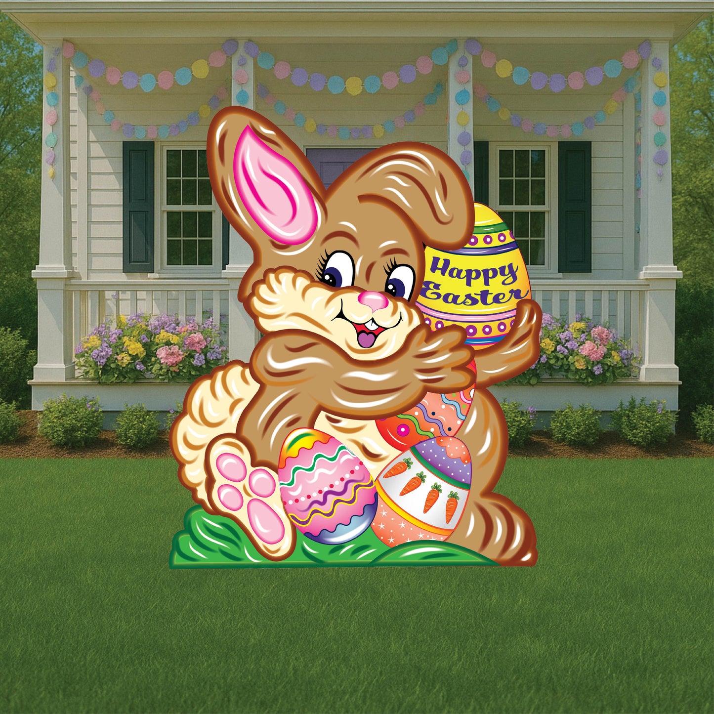 Brown Bunny holding a Happy Easter Egg Yard Sign