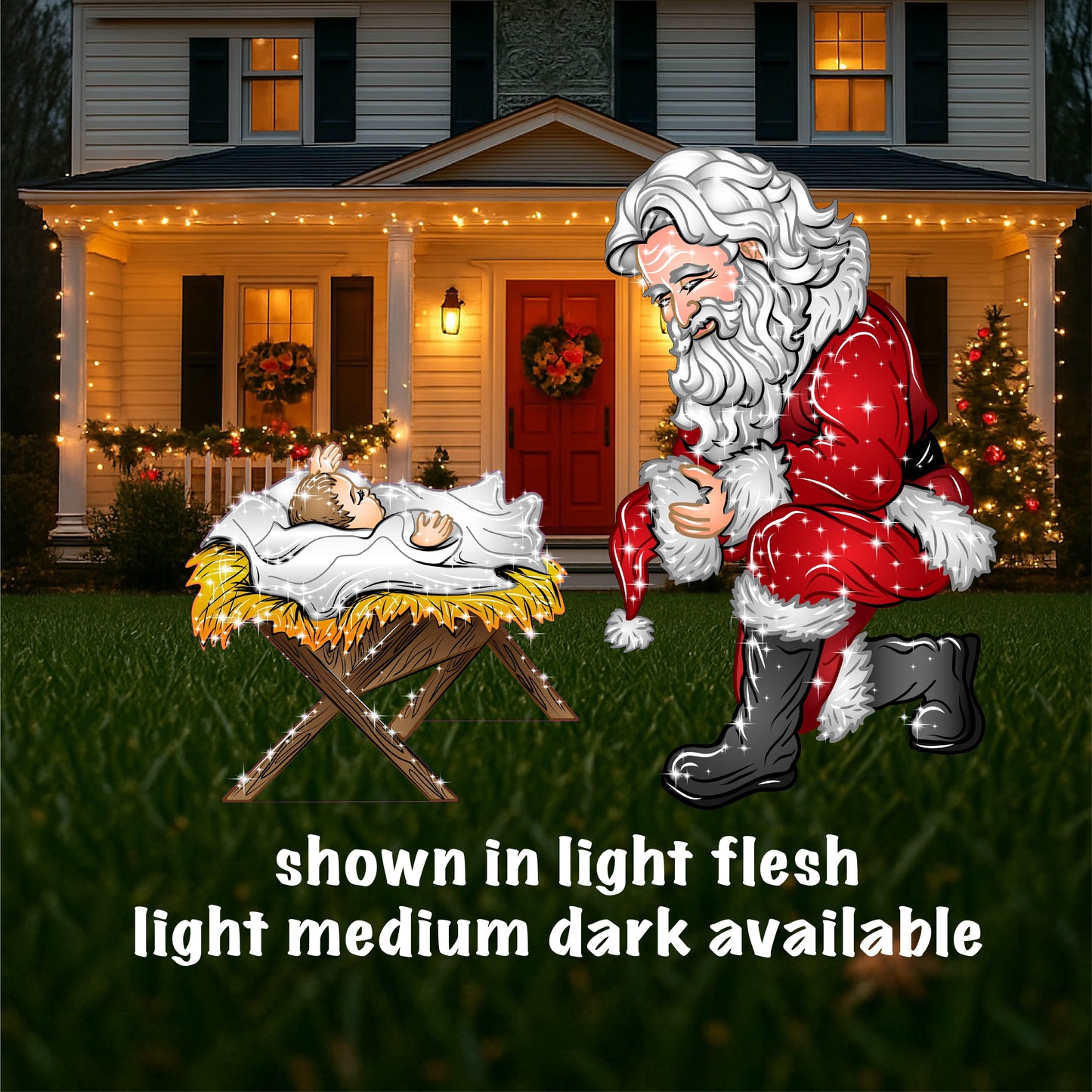Christmas Yard Art Kneeling Santa with Baby Jesus in Manger