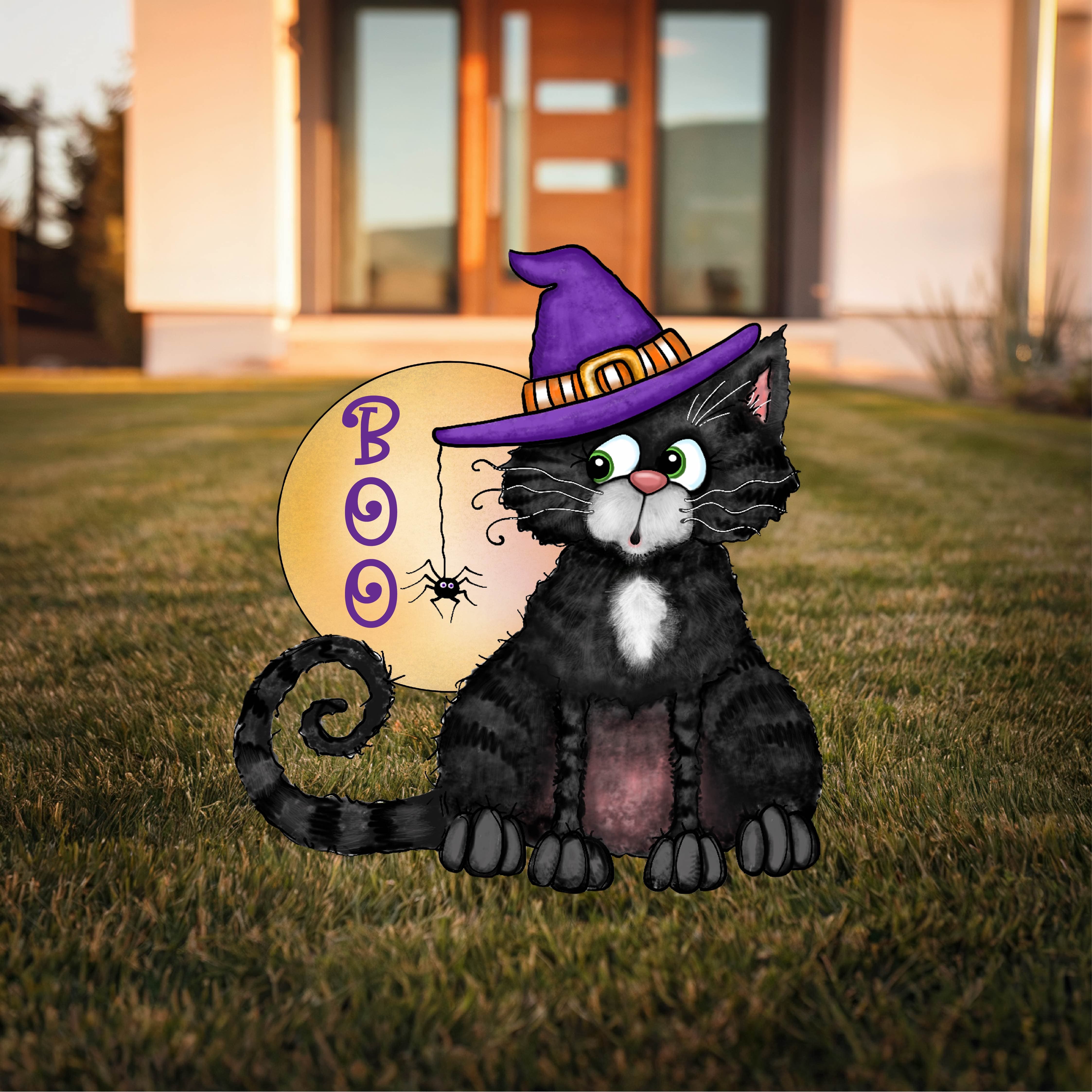 Black Cat with Purple Hat Halloween Yard Art Outdoor Fall Decor