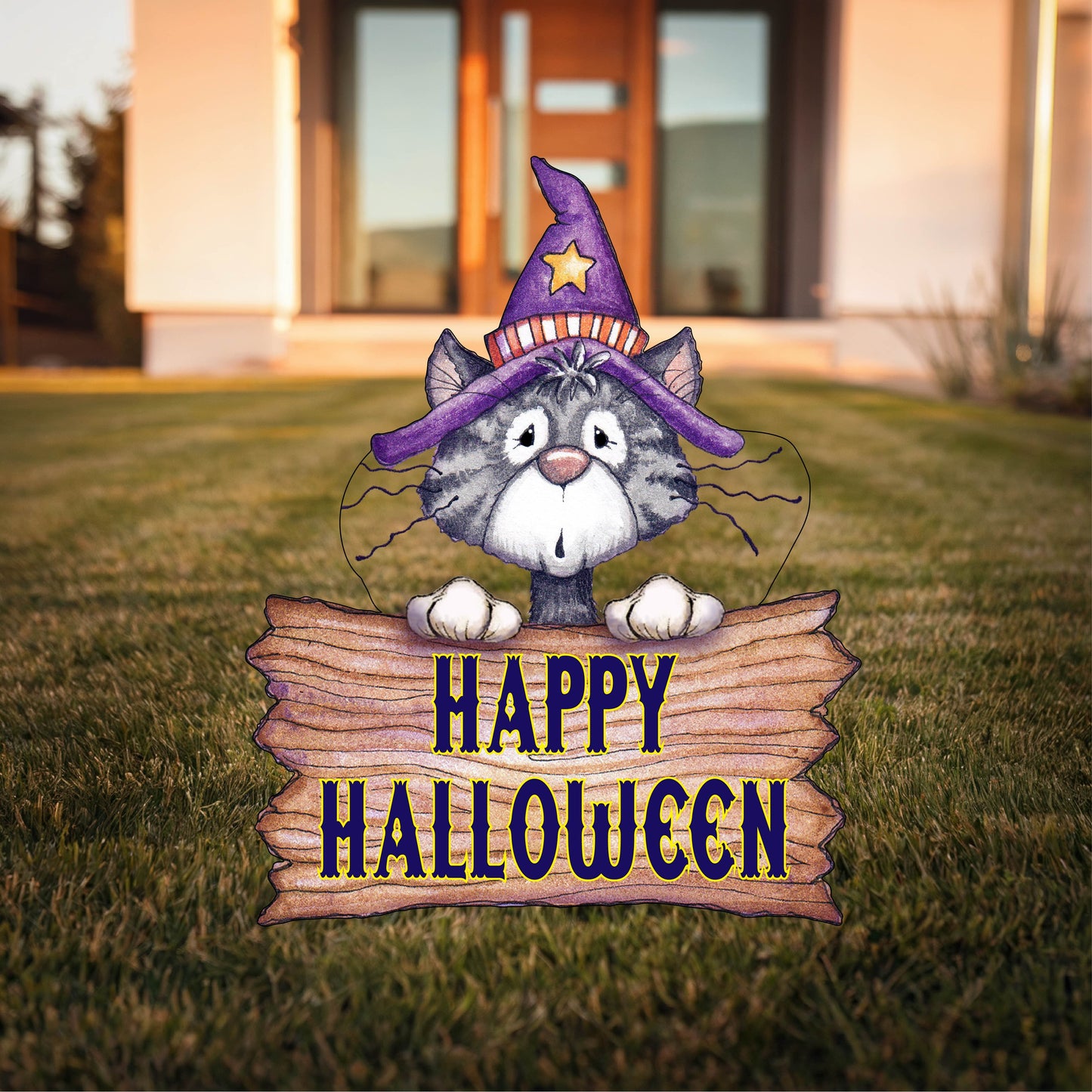 Black Cat Holds A Wooden Sign Halloween Yard Art
