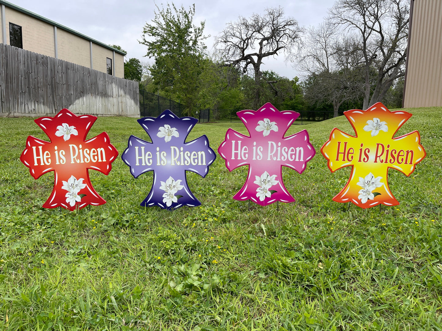 Pink He is Risen Cross Yard Art Sign with Easter Egg Signs