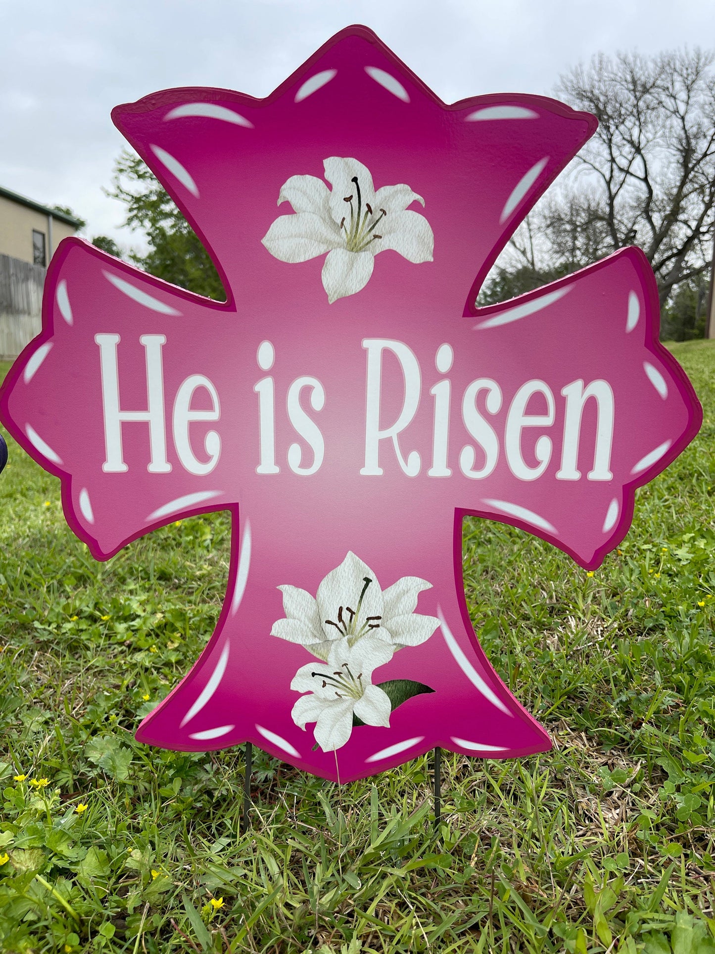 Pink He is Risen Cross Yard Art Sign with Easter Egg Signs
