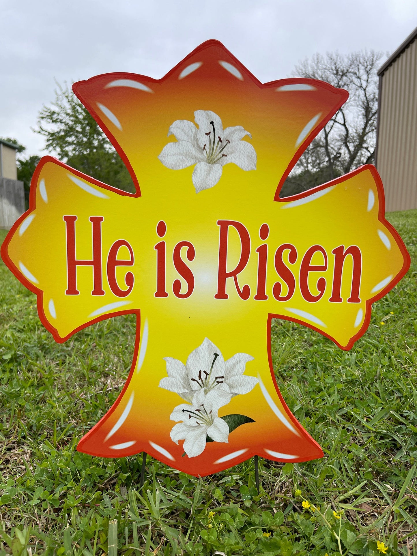 Yellow He is Risen Cross Yard Art Sign with Easter Egg Signs