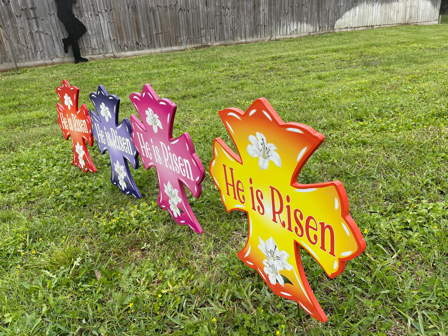 Pink He is Risen Cross Yard Art Sign with Easter Egg Signs