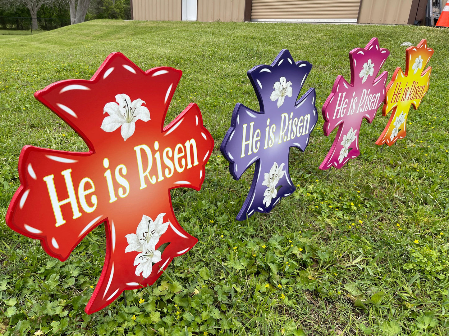 Pink He is Risen Cross Yard Art Sign with Easter Egg Signs