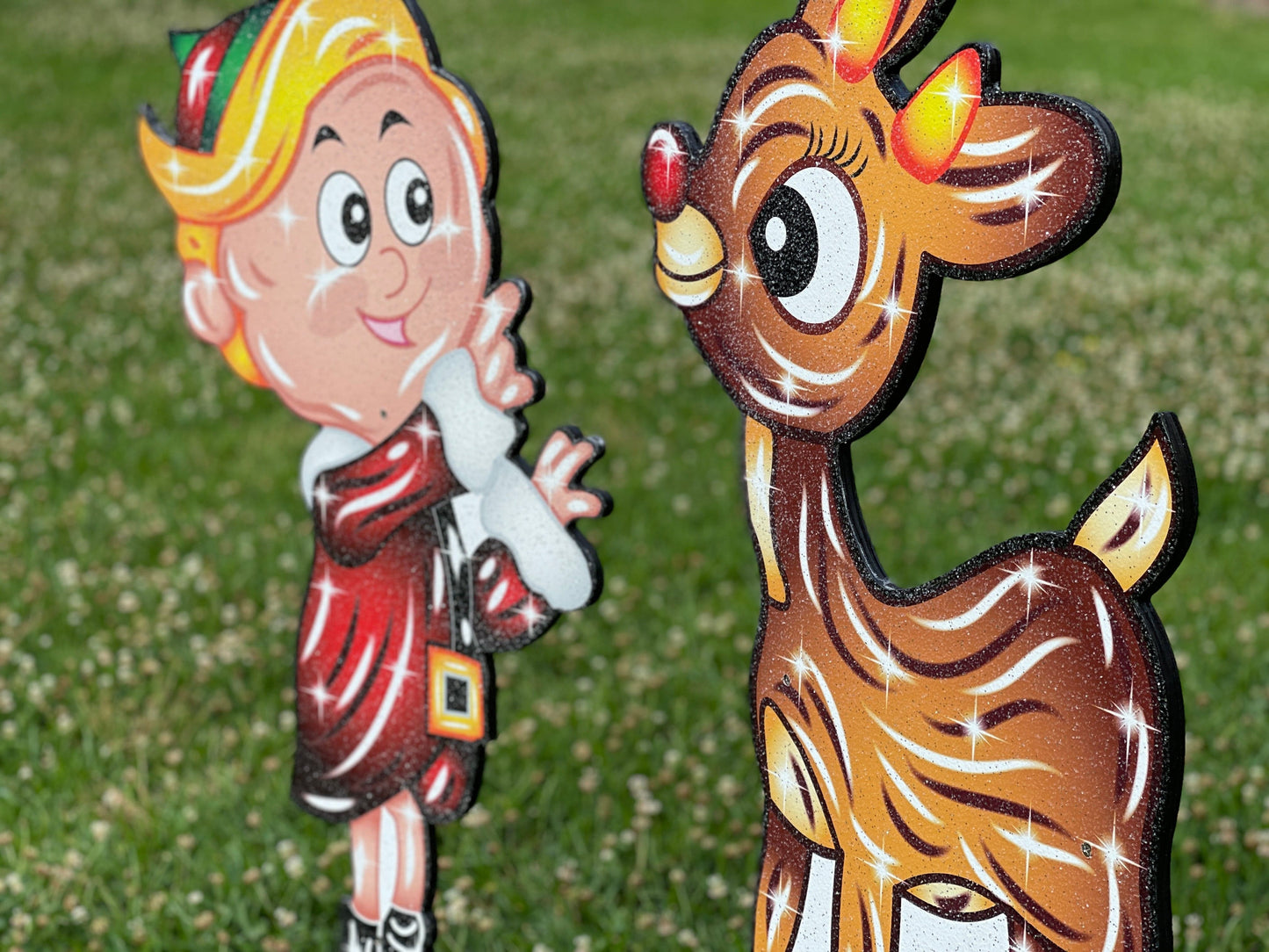 Christmas Rudolph and Elf Hermie Yard Sign with Candy canes