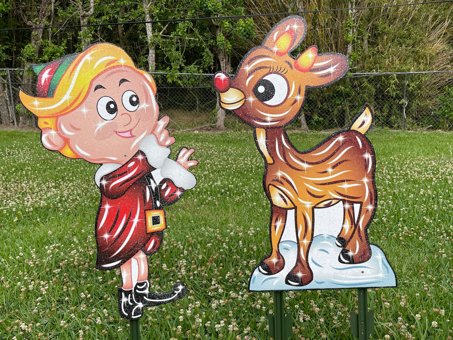 Christmas Rudolph and Elf Hermie Yard Sign with Candy canes