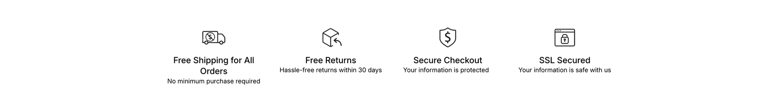 Set of icons and text indicating free shipping, returns, secure checkout, and SSL security on a white background.