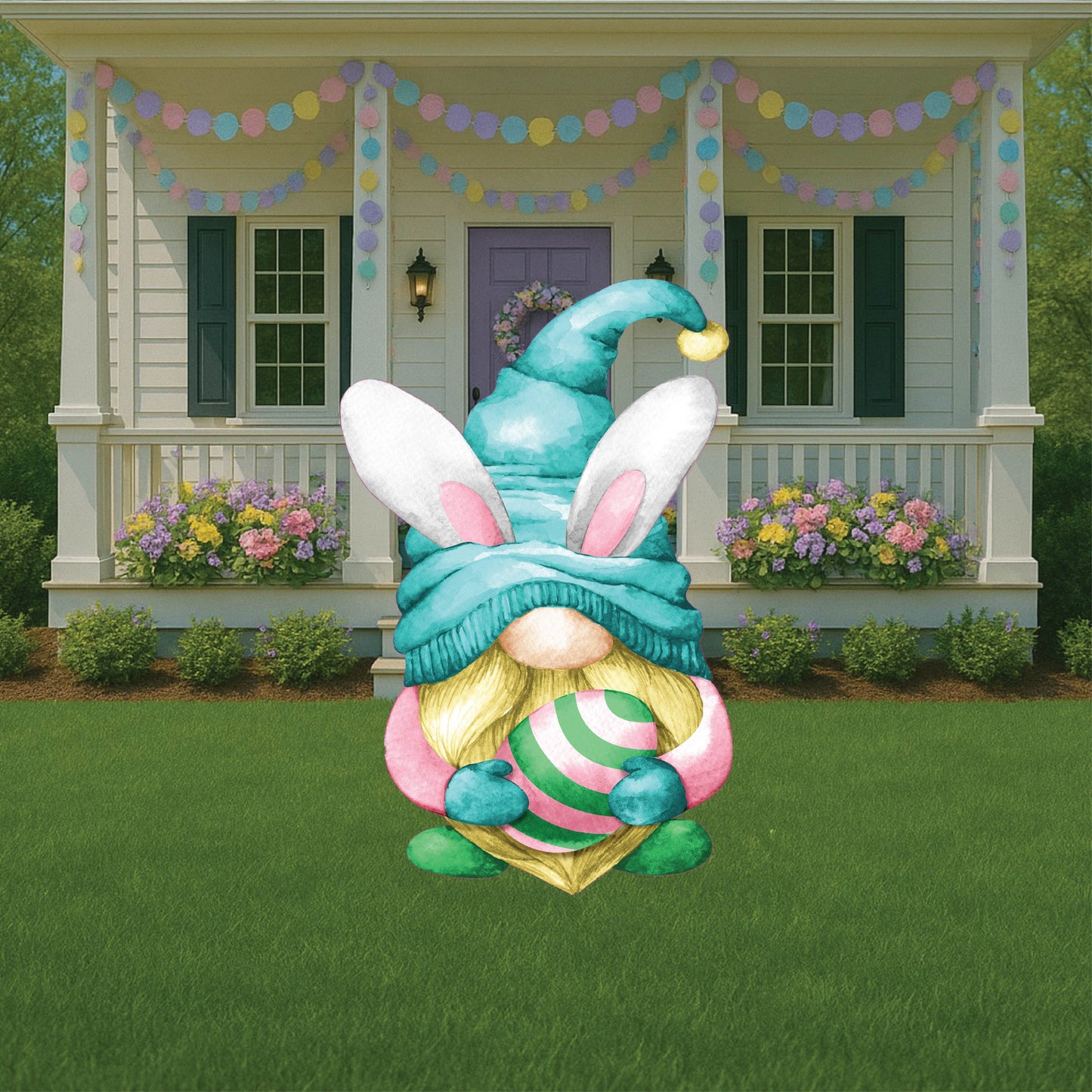 Easter Gnome holds Yellow Egg with Bunny Ears Outdoor Decoration