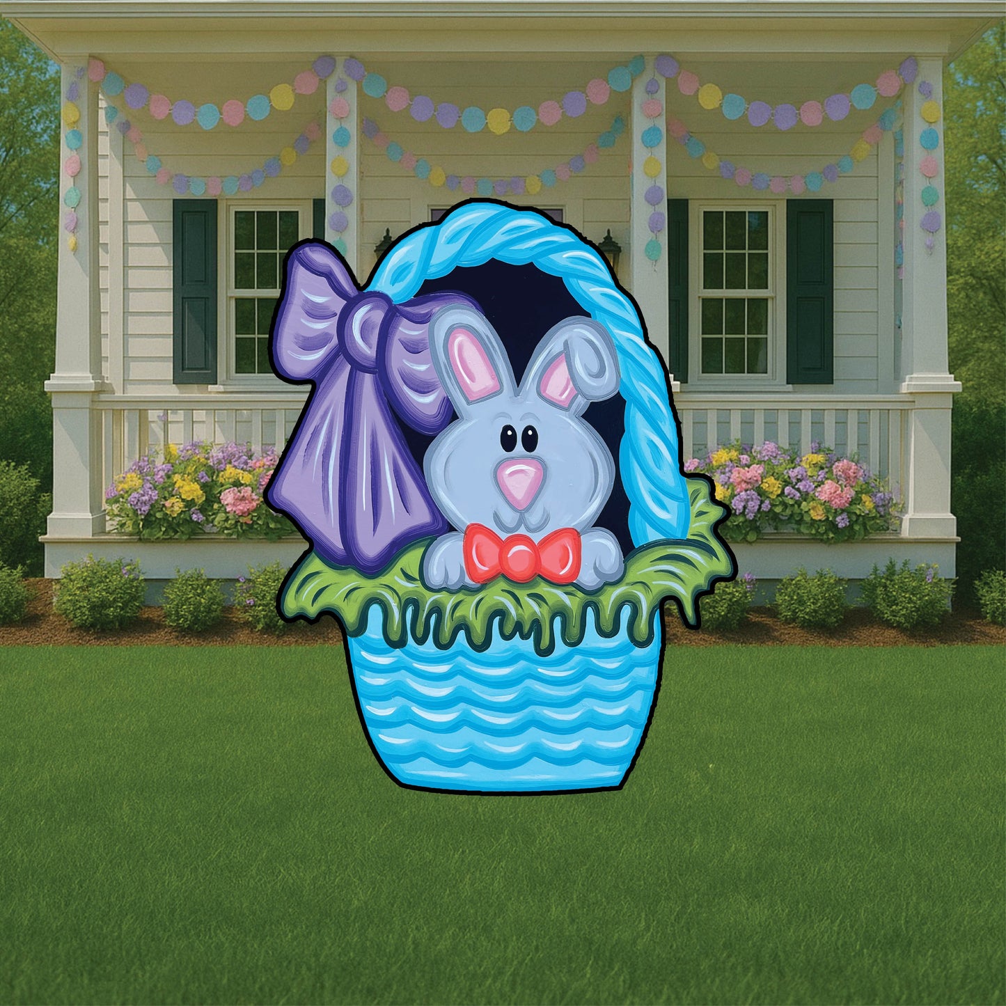 Blue Easter basket yard art decoration, Easter basket with bunny face yard sign with Easter eggs