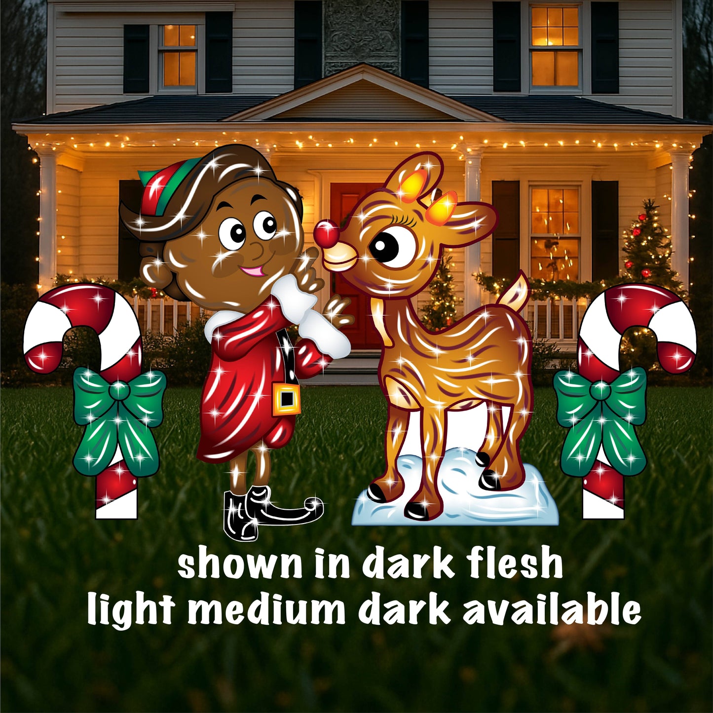 Christmas Rudolph and Elf Hermie Yard Sign with Candy canes