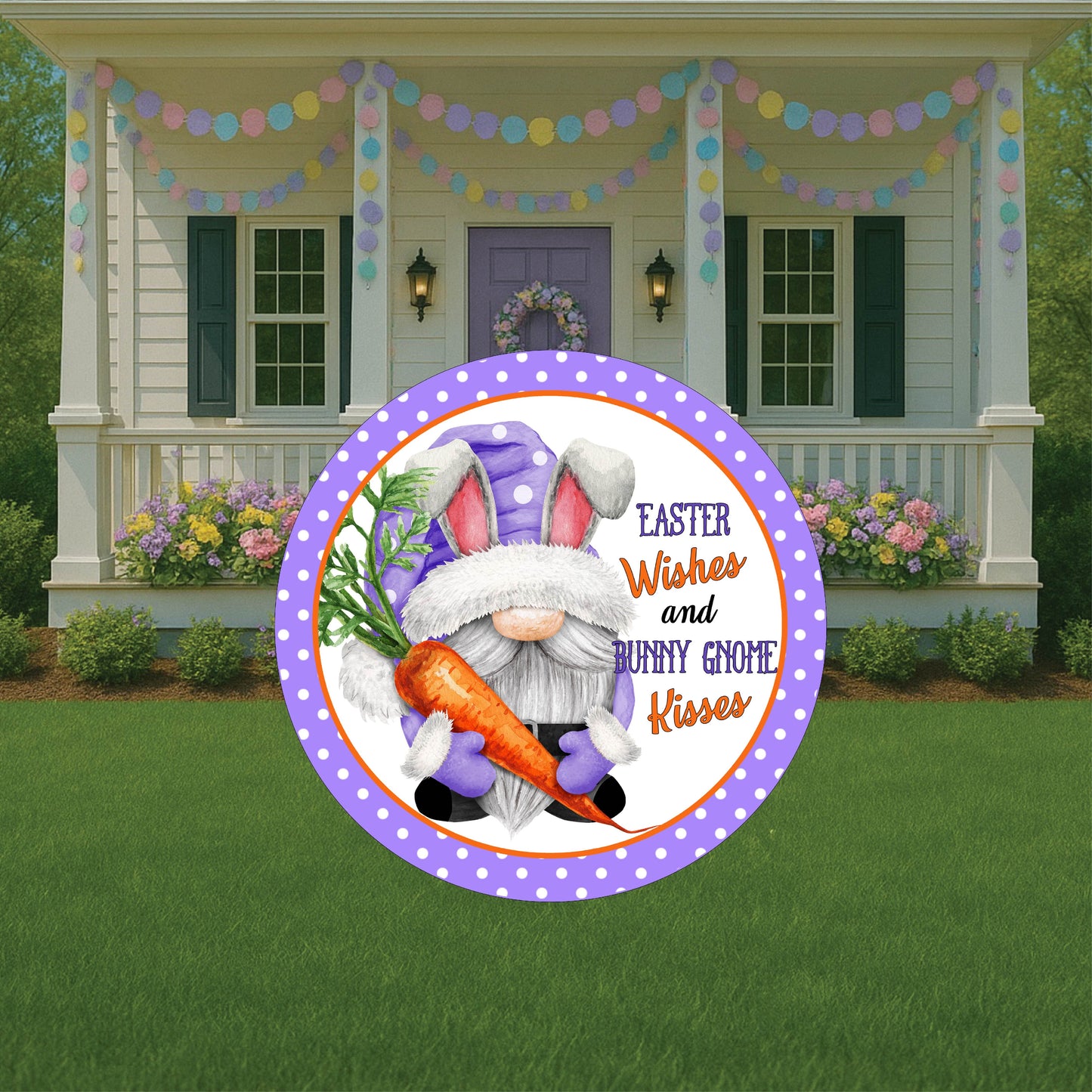 Easter Wishes Bunny Gnome Kisses Sign Outdoor Decoration