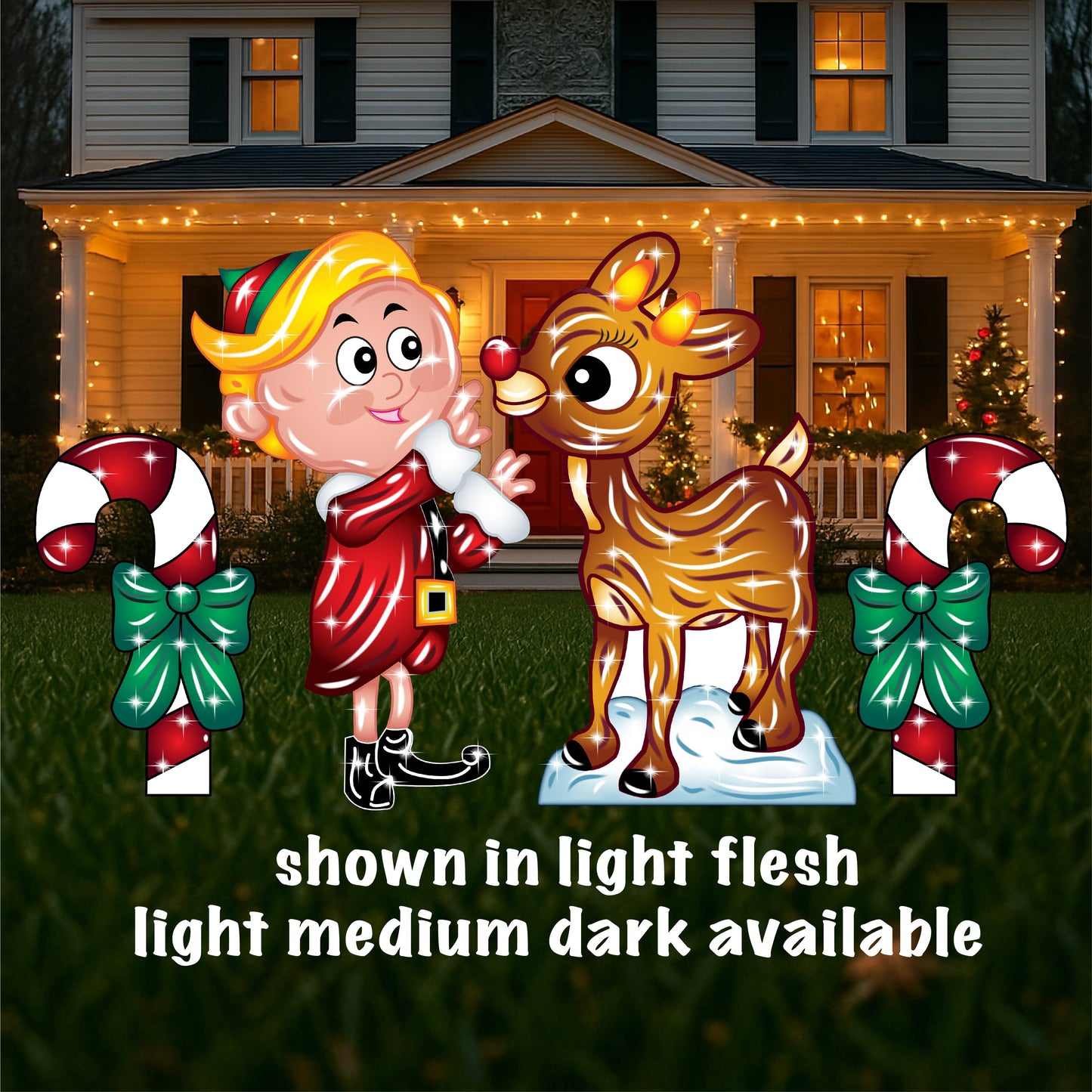 Christmas Rudolph and Elf Hermie Yard Sign with Candy canes