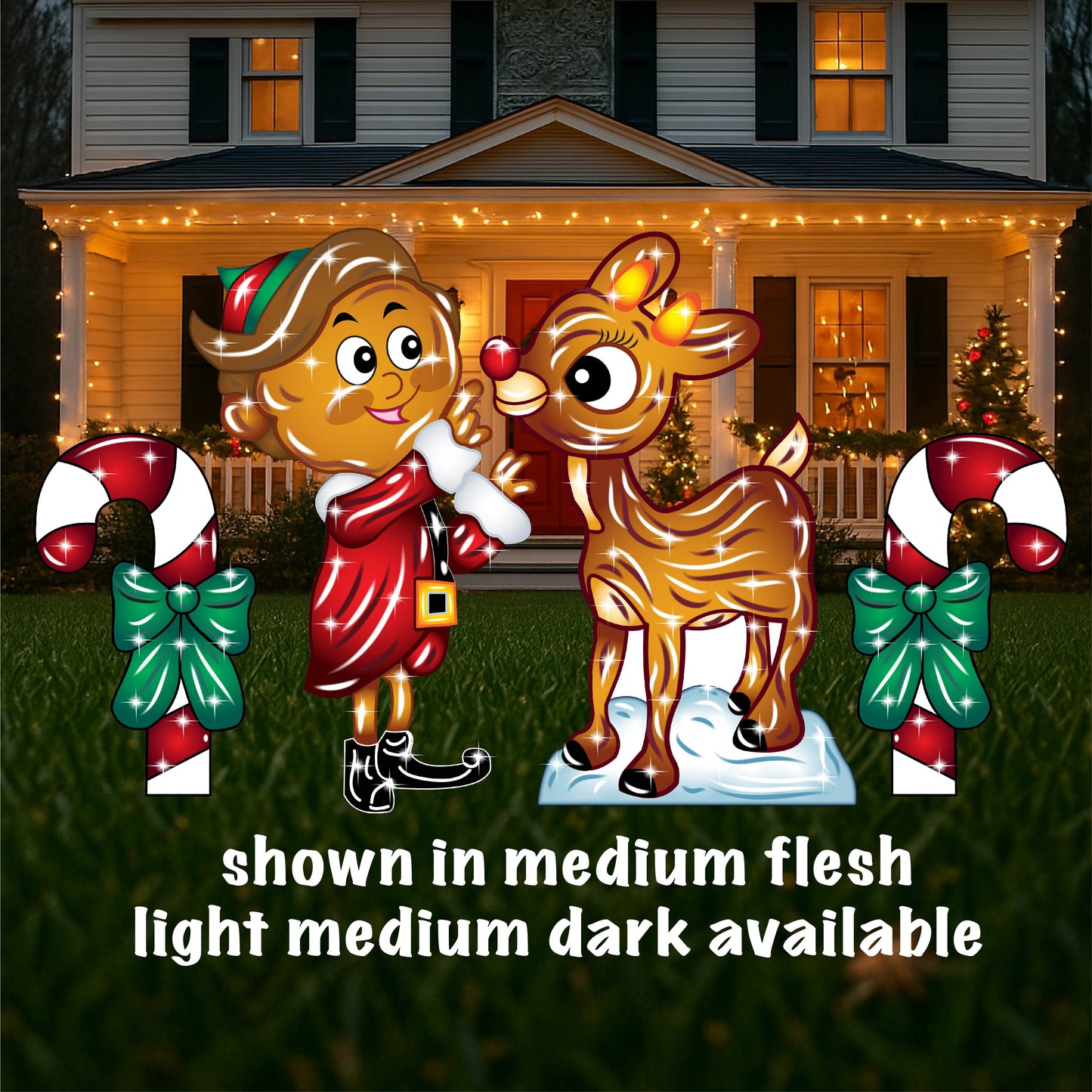 Christmas Rudolph and Elf Hermie Yard Sign with Candy canes