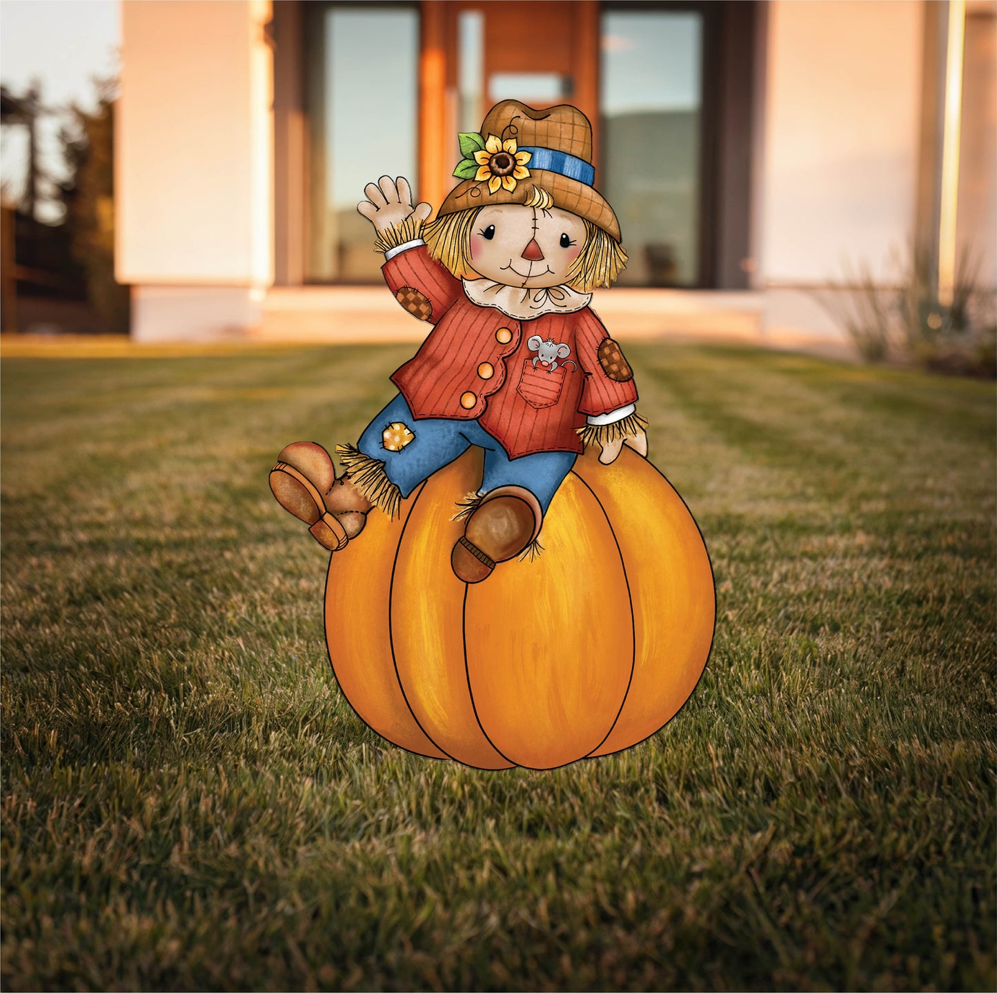 Scarecrow Sitting on Pumpkin Fall Yard Art
