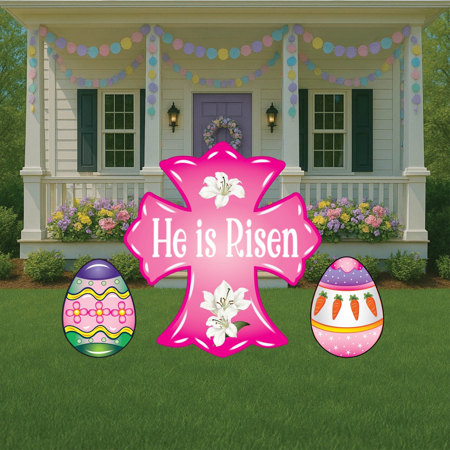 Pink He is Risen Cross Yard Art Sign with Easter Egg Signs