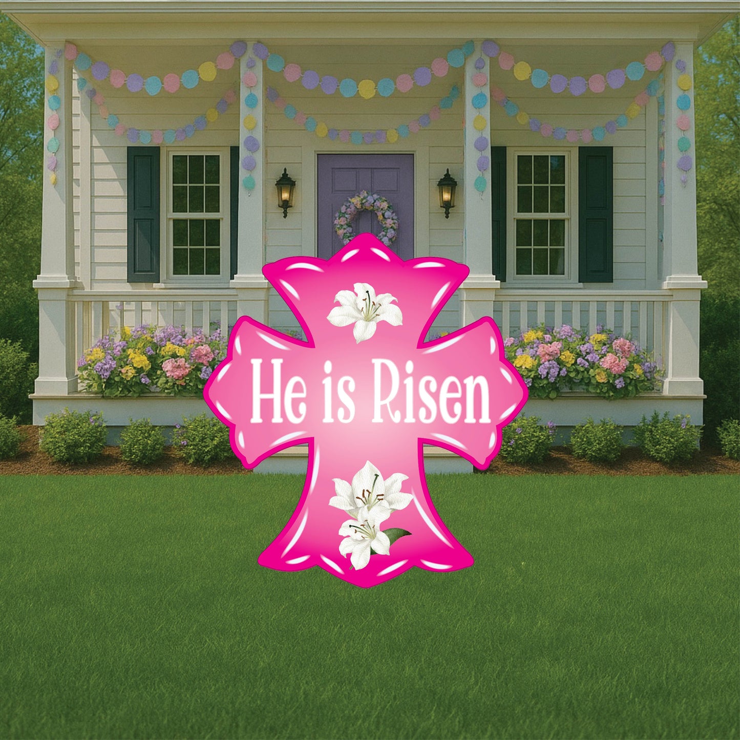 Pink He is Risen Cross Yard Art Sign with Easter Egg Signs