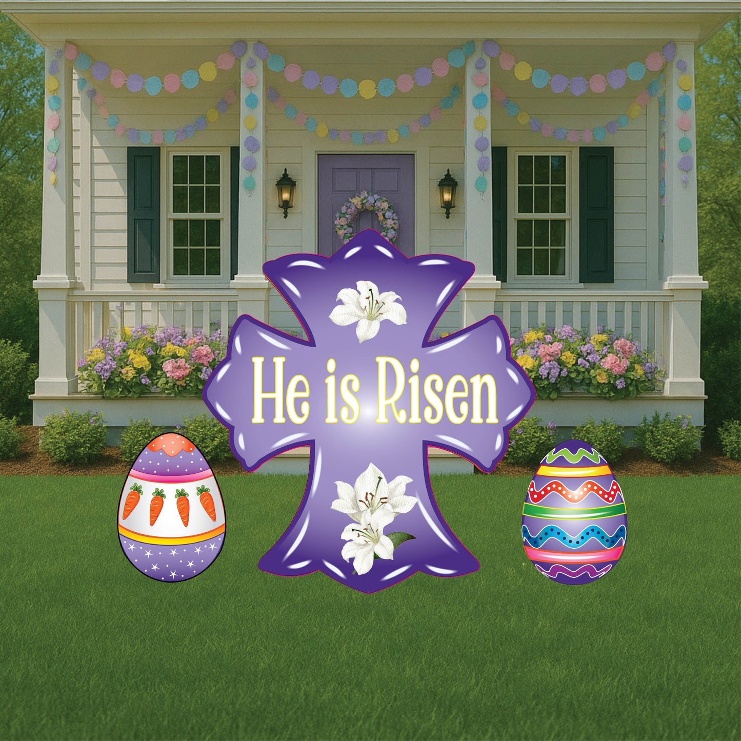 Purple He is Risen Cross Yard Art Sign with Easter Egg Signs