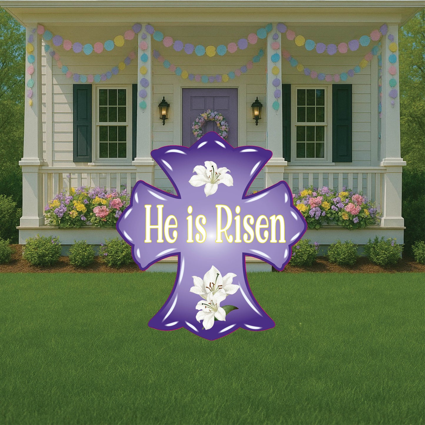Purple He is Risen Cross Yard Art Sign with Easter Egg Signs