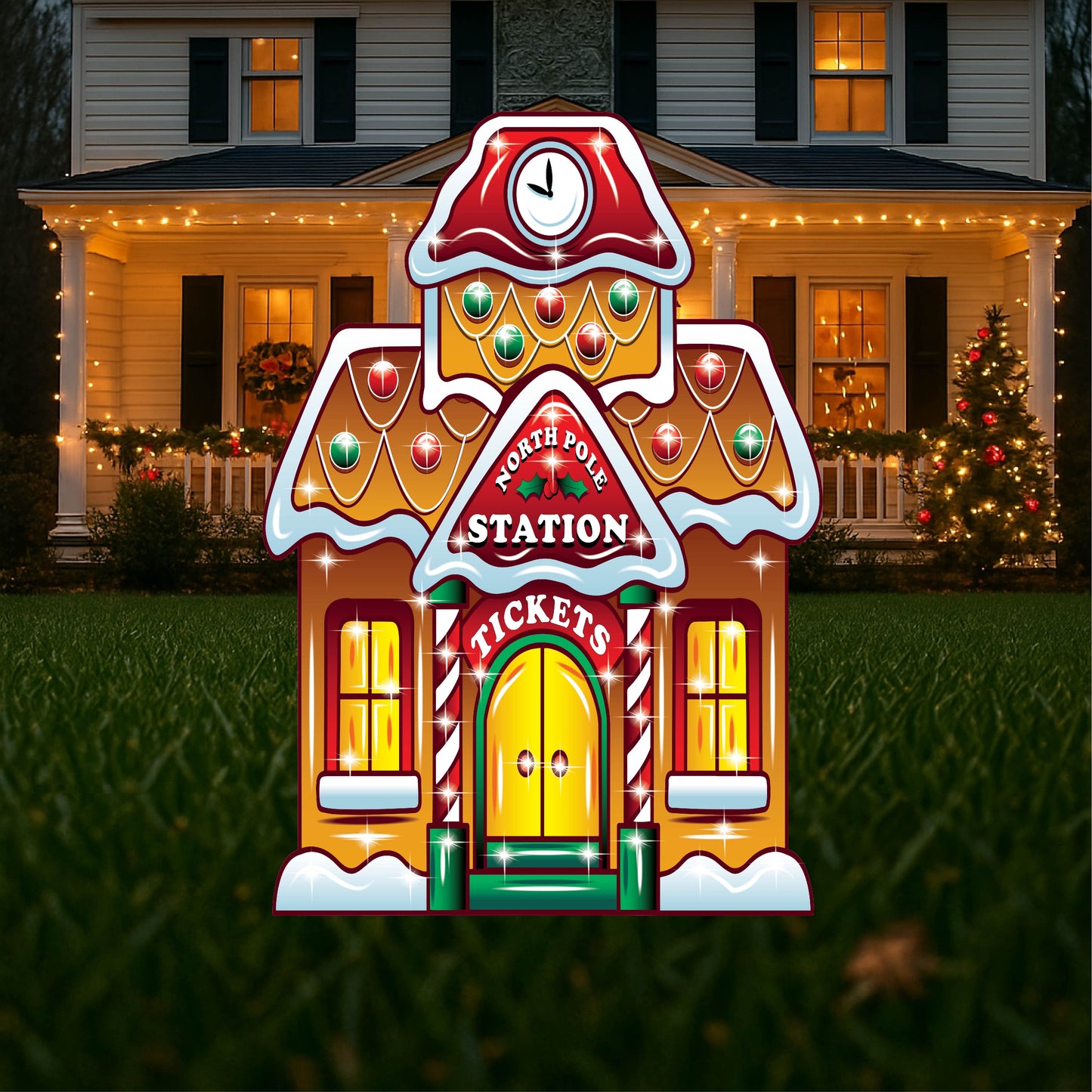 Lighted Ginger Bread Train Station Yard Art
