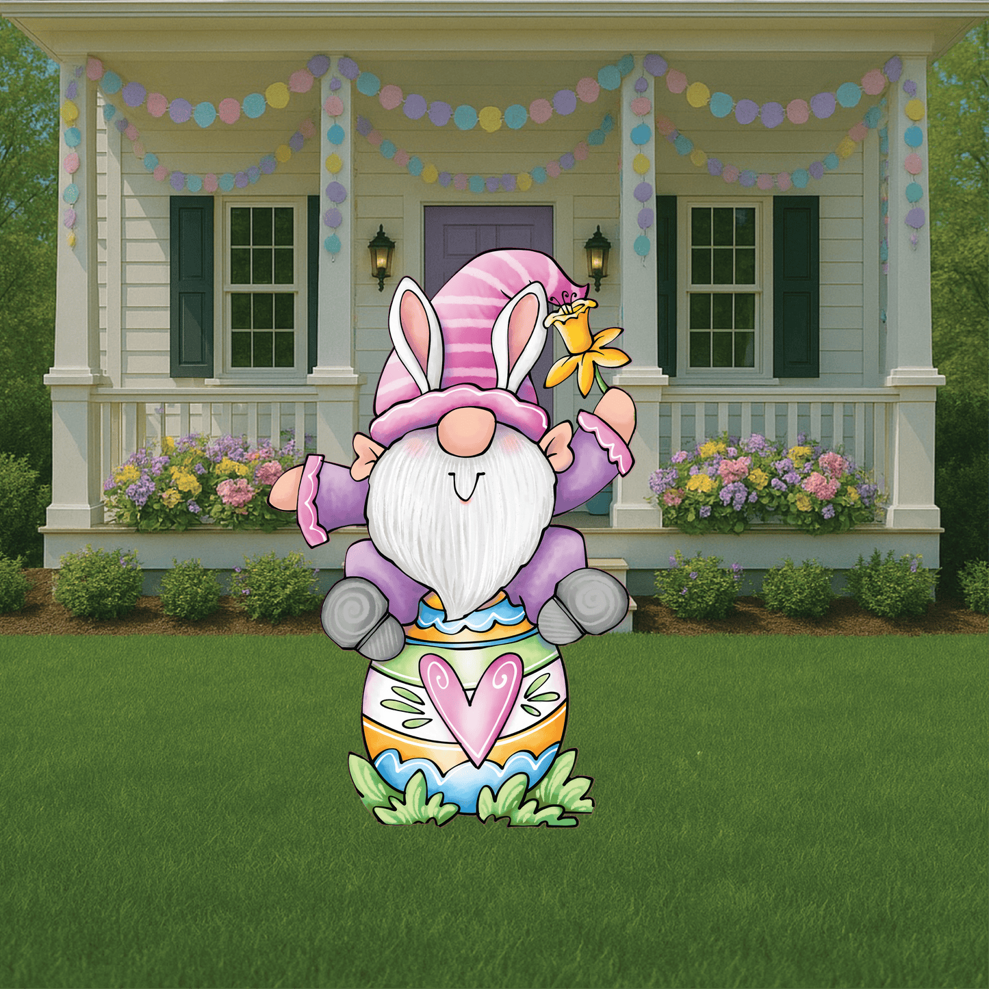 Easter Gnome peeks over Happy Easter Sign Outdoor Decoration