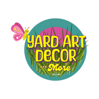 Yard Art Decor and More logo featuring bright yellow text, green grass, a pink and teal background, and a whimsical dragonfly; established in 1988.