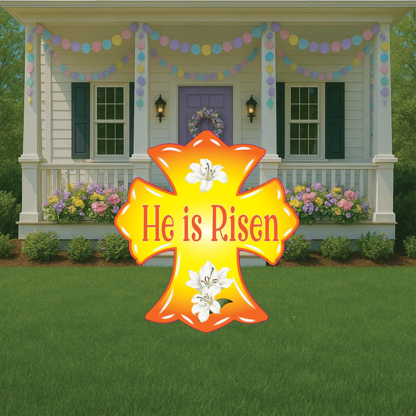 Yellow He is Risen Cross Yard Art Sign with Easter Egg Signs