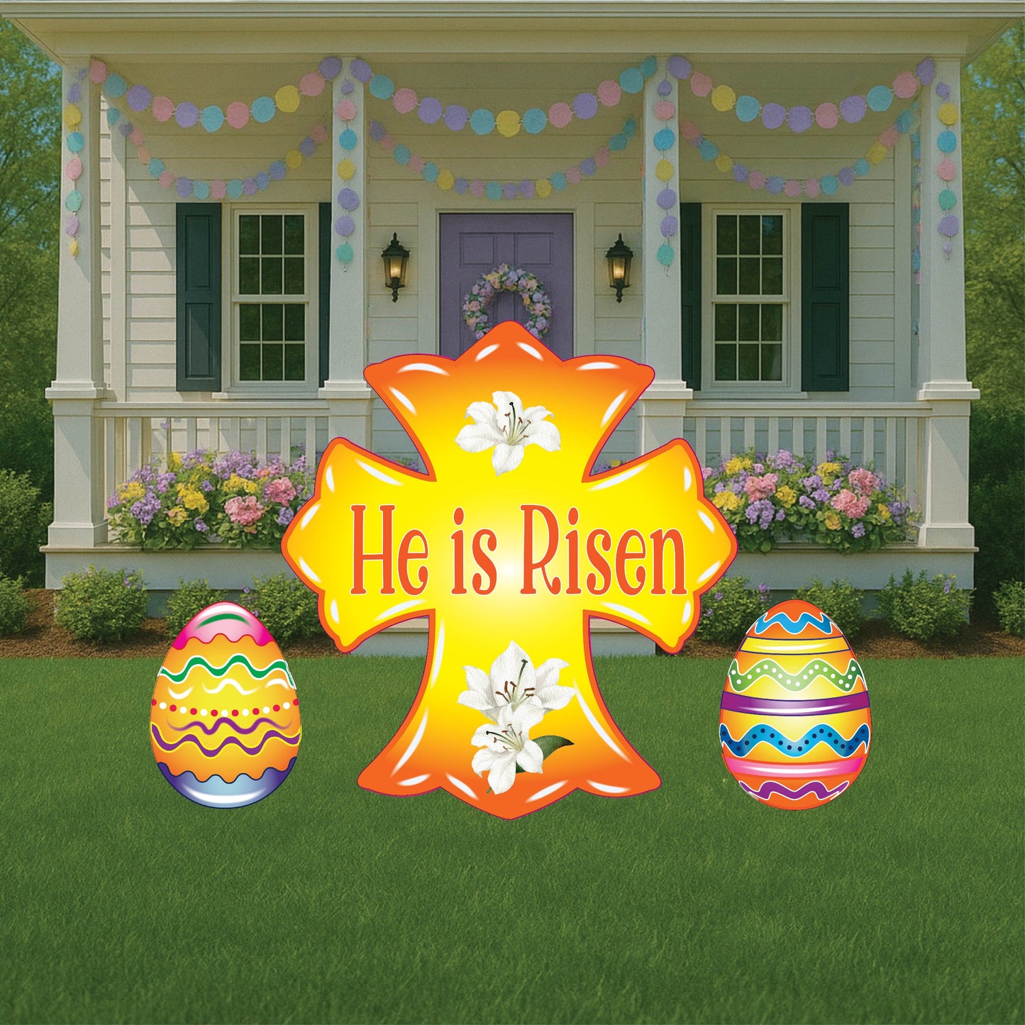 Yellow He is Risen Cross Yard Art Sign with Easter Egg Signs
