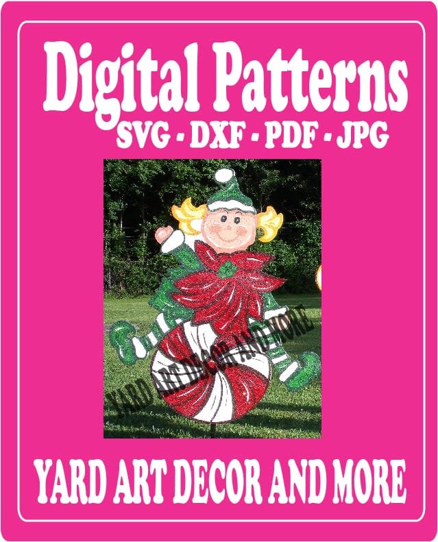 Christmas Girl Elf Sits on Peppermint Yard Art Digital Template