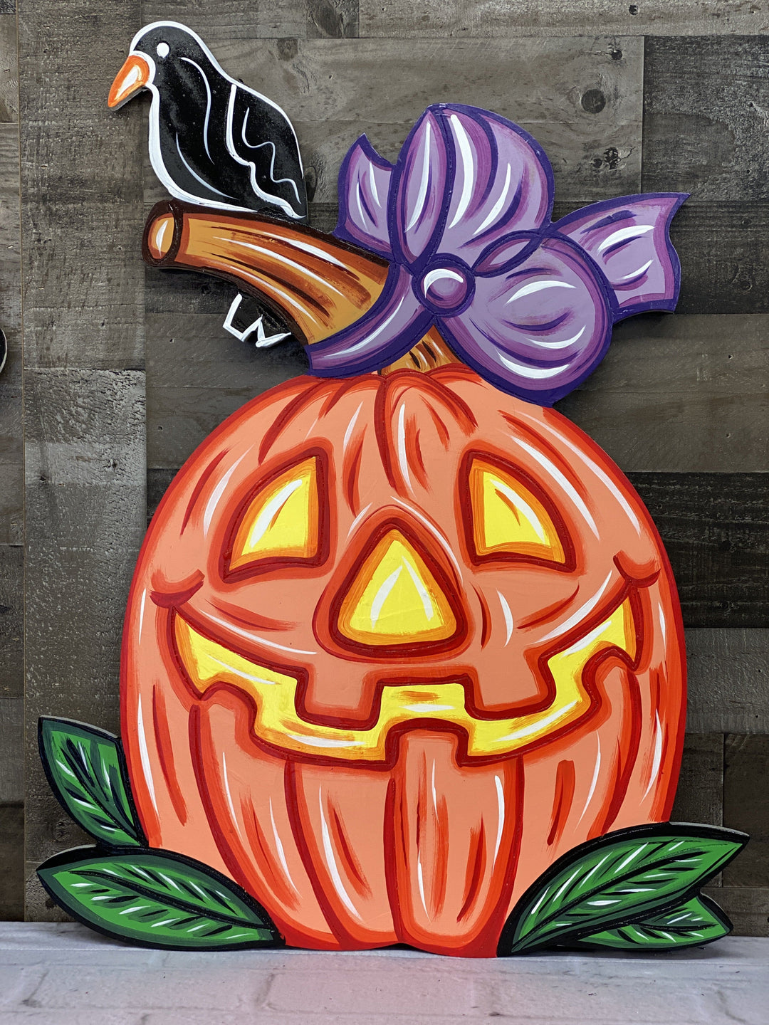 Black Crow and Purple Bow on Top of Pumpkin blank Yard Art