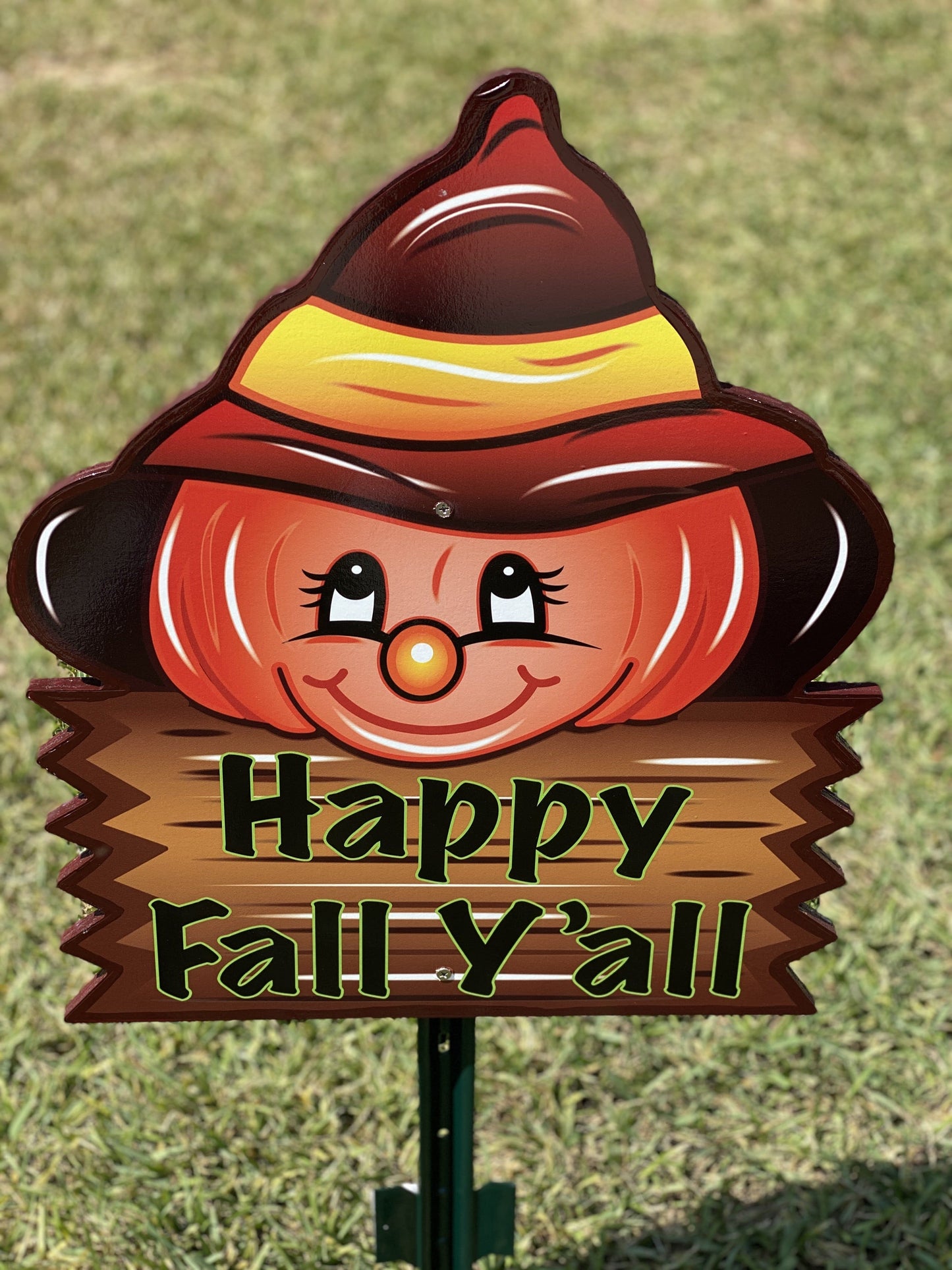 happy fall sigh under cute pumpkin with hat painted yard art design