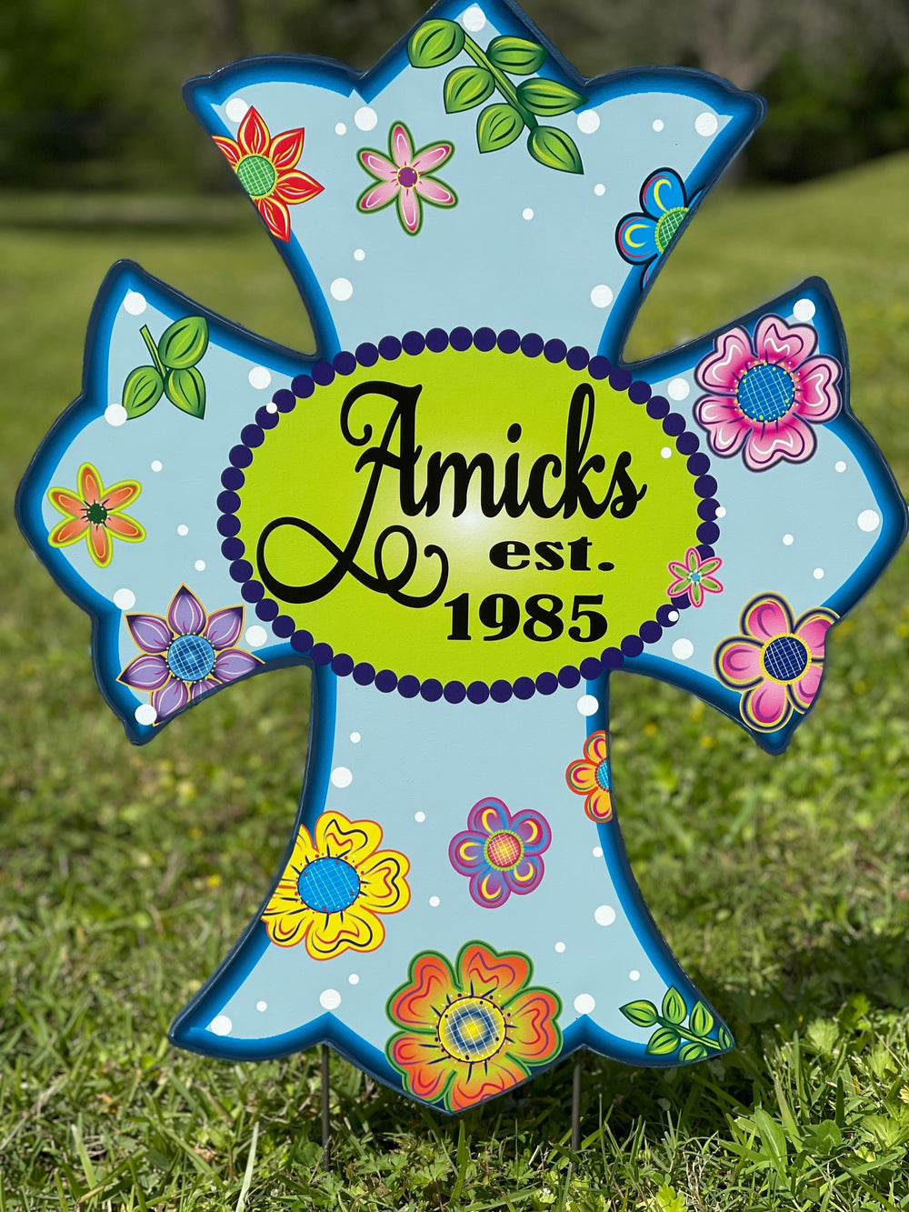 Personalized Yard Art Cross Sign with family name and year establishes. Custom yard signs available for personalization at Yard Art Decor and More. Made in the USA. Free shipping included.