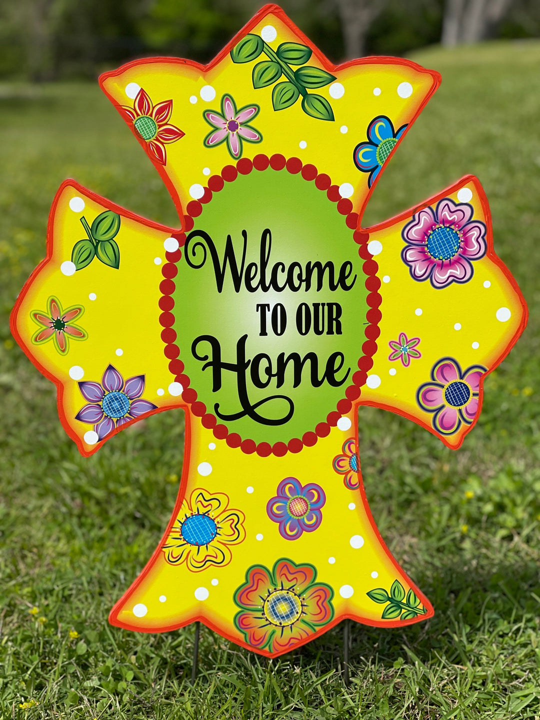 Welcome to Our Home Yellow Yard Art Cross Sign