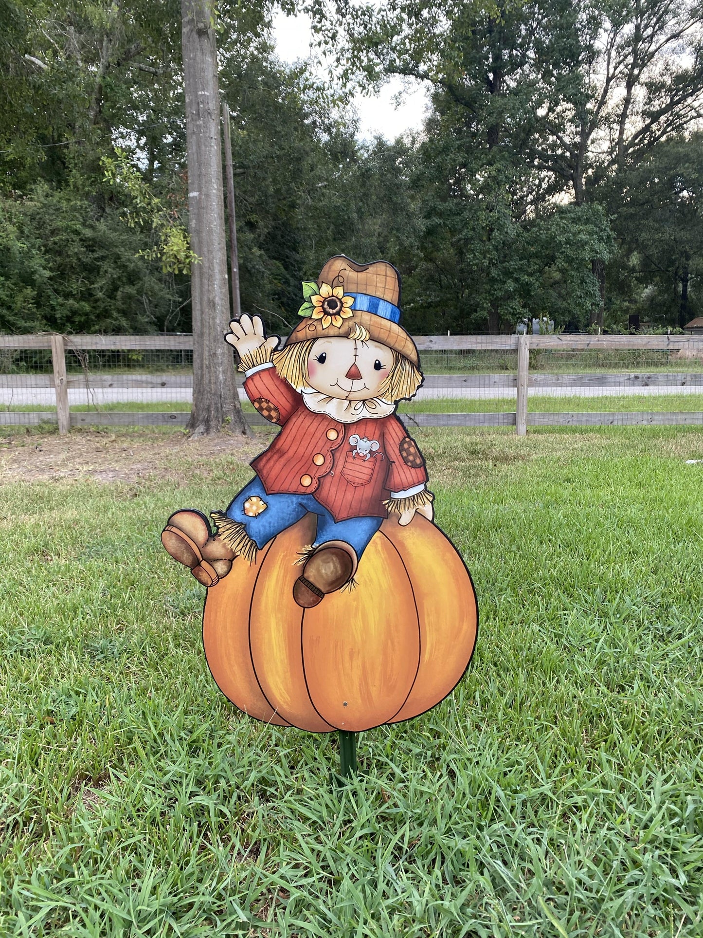 Scarecrow Sitting on Pumpkin Fall Yard Art