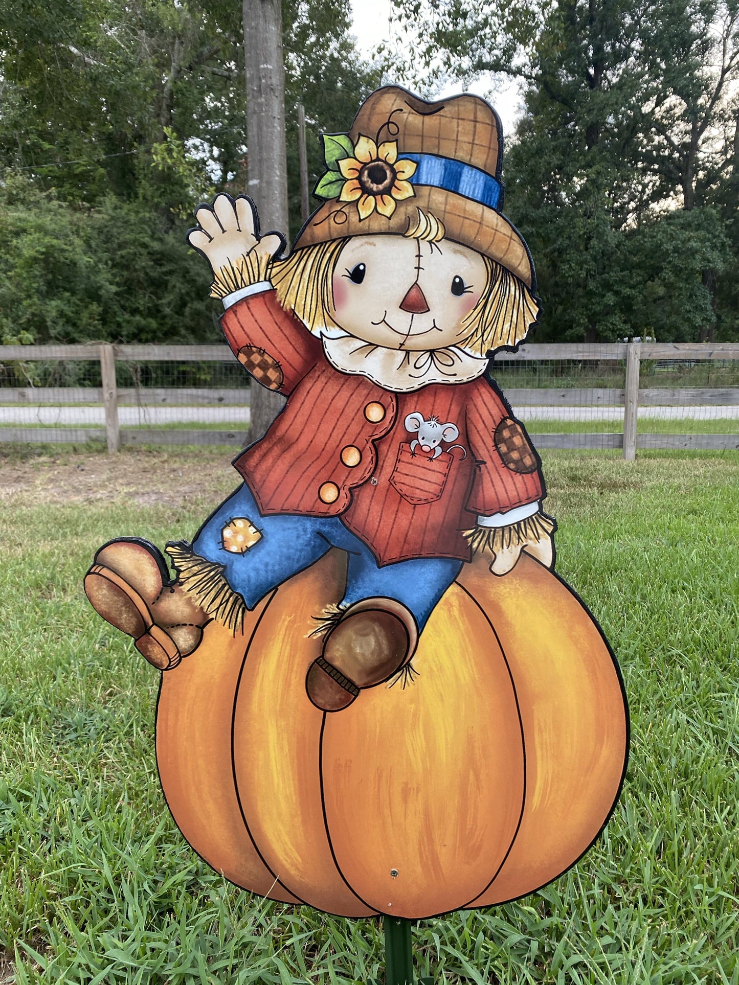 Scarecrow Sitting on Pumpkin Fall Yard Art