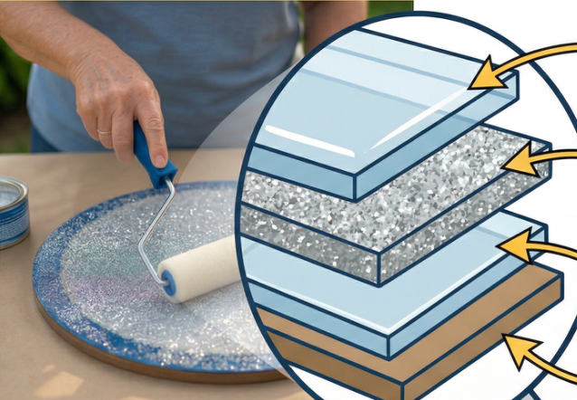 Technical diagram of the "Glitter Sandwich" yard art technique showing the four essential layers: painted wood base, base coat of clear gloss poly, 3:1 glitter mix, and a final protective top seal for a non-yellowing finish.
