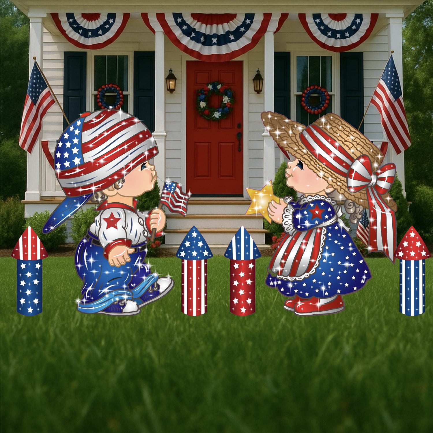 Patriotic Yard Art and Signs of a girl and boy dressed in red, white and blue holding a star and American Flag. Yard signs and decor available at Yard Art Decor and More. 