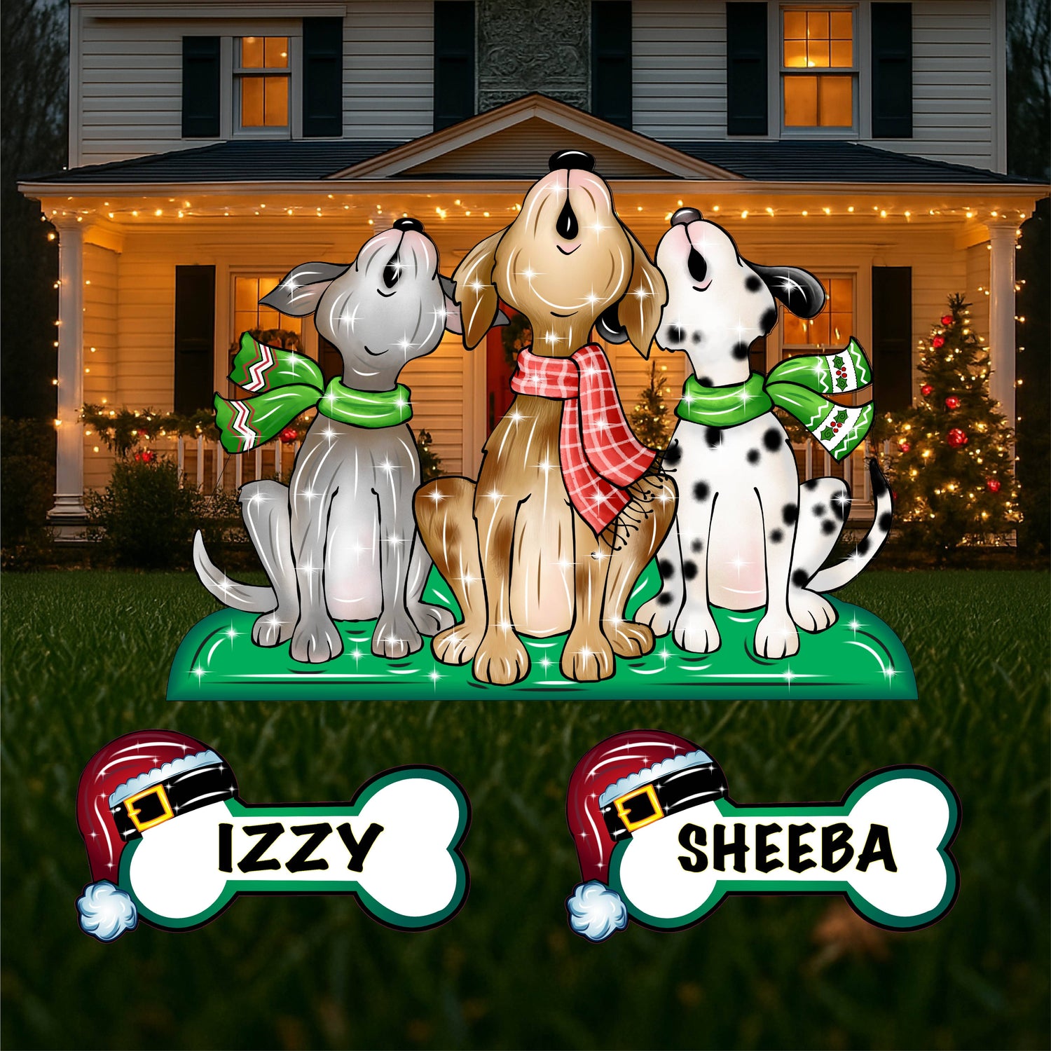 Personalized custom animal yard sign featuring three dogs in a christmas holiday setting. Custom animal and pet yard signs and decor available at Yard Art Decor & More.