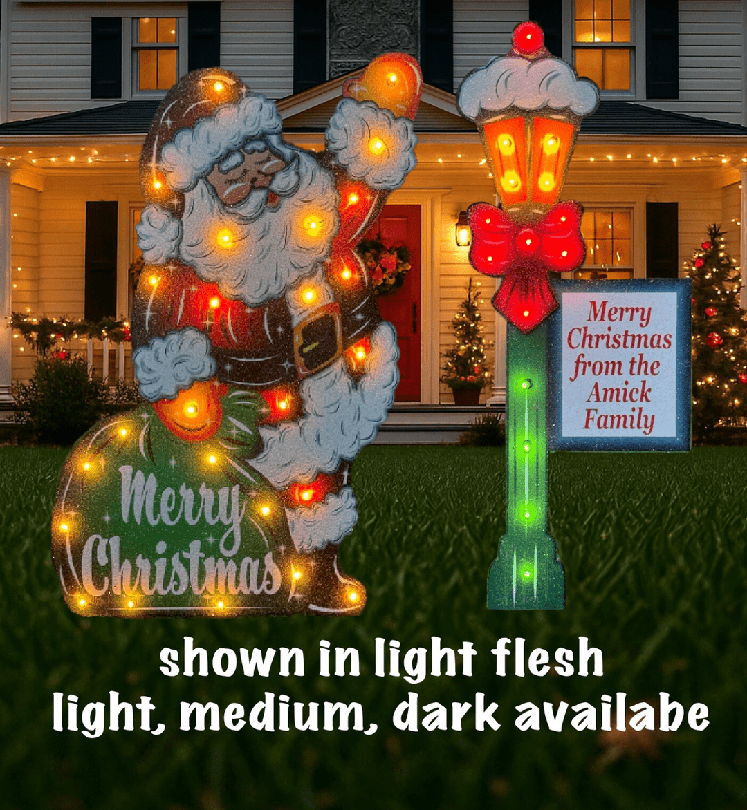 Traditional Outdoor Christmas Yard Decorations and signs featuring Rudolph the rednosed reindeer and 2 candy canes. Metal Christmas lawn signs with stakes and sparkles for sale at Yard Art Decor and More.