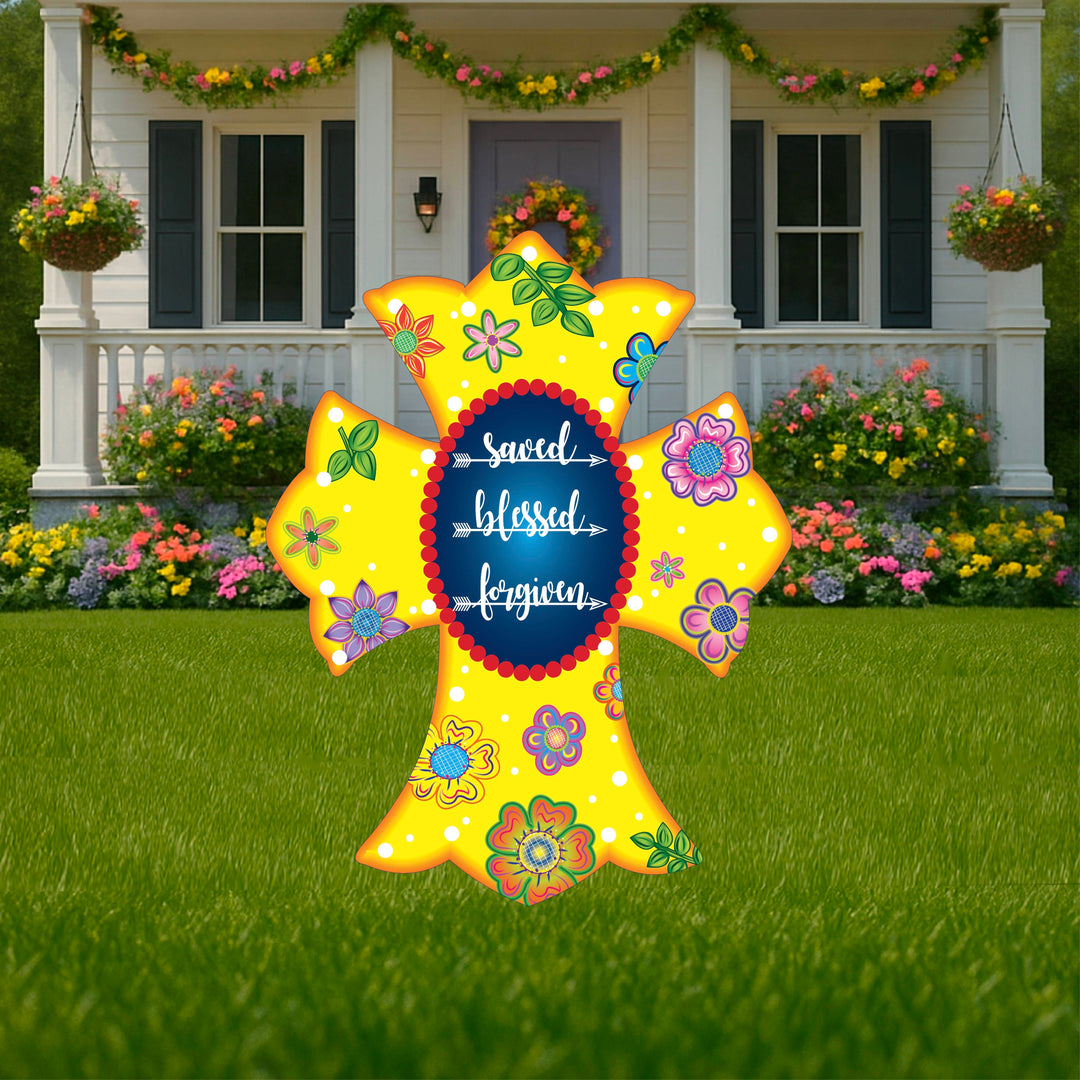 Outdoor yard cross for lawns, porches, yards, gardens and more. Customize your outdoor cross or choose from our ready to go lawn cross designs. Featured yellow cros with flowers and blue lettering
