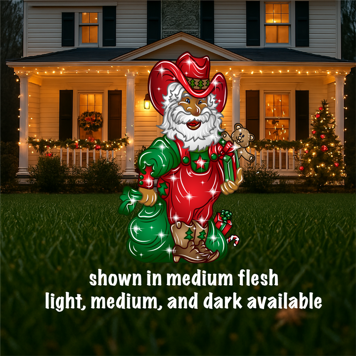 Santa in Overalls with Cowboy Hat Yard Sign