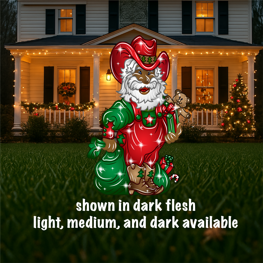 Santa in Overalls with Cowboy Hat Yard Sign