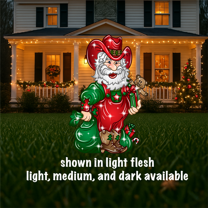 Santa in Overalls with Cowboy Hat Yard Sign