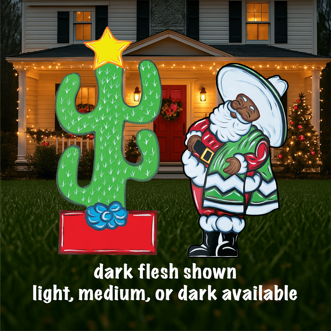 Mexican Santa with Serape & Christmas Cactus Yard Sign – Wooden Holiday Lawn Cutout | Hispanic Santa Outdoor Décor